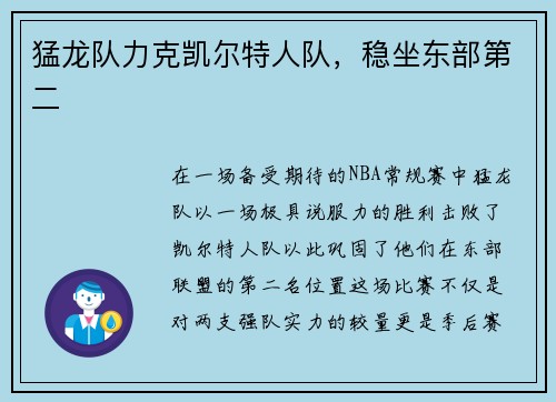 猛龙队力克凯尔特人队，稳坐东部第二